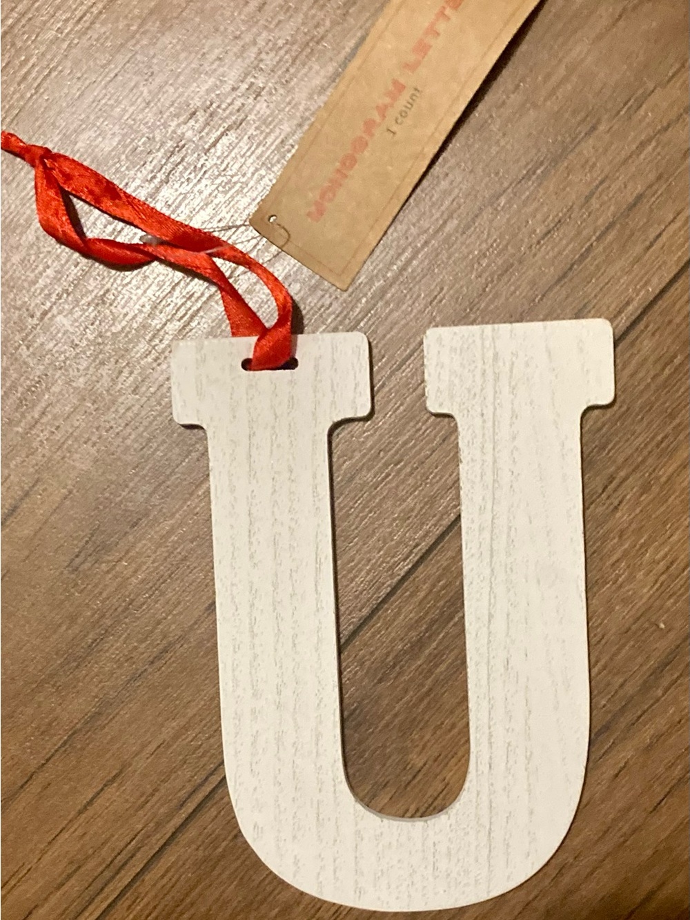 Target Bullseye Monogram Letter “U” Christmas Ornament White Wood Initial 6"